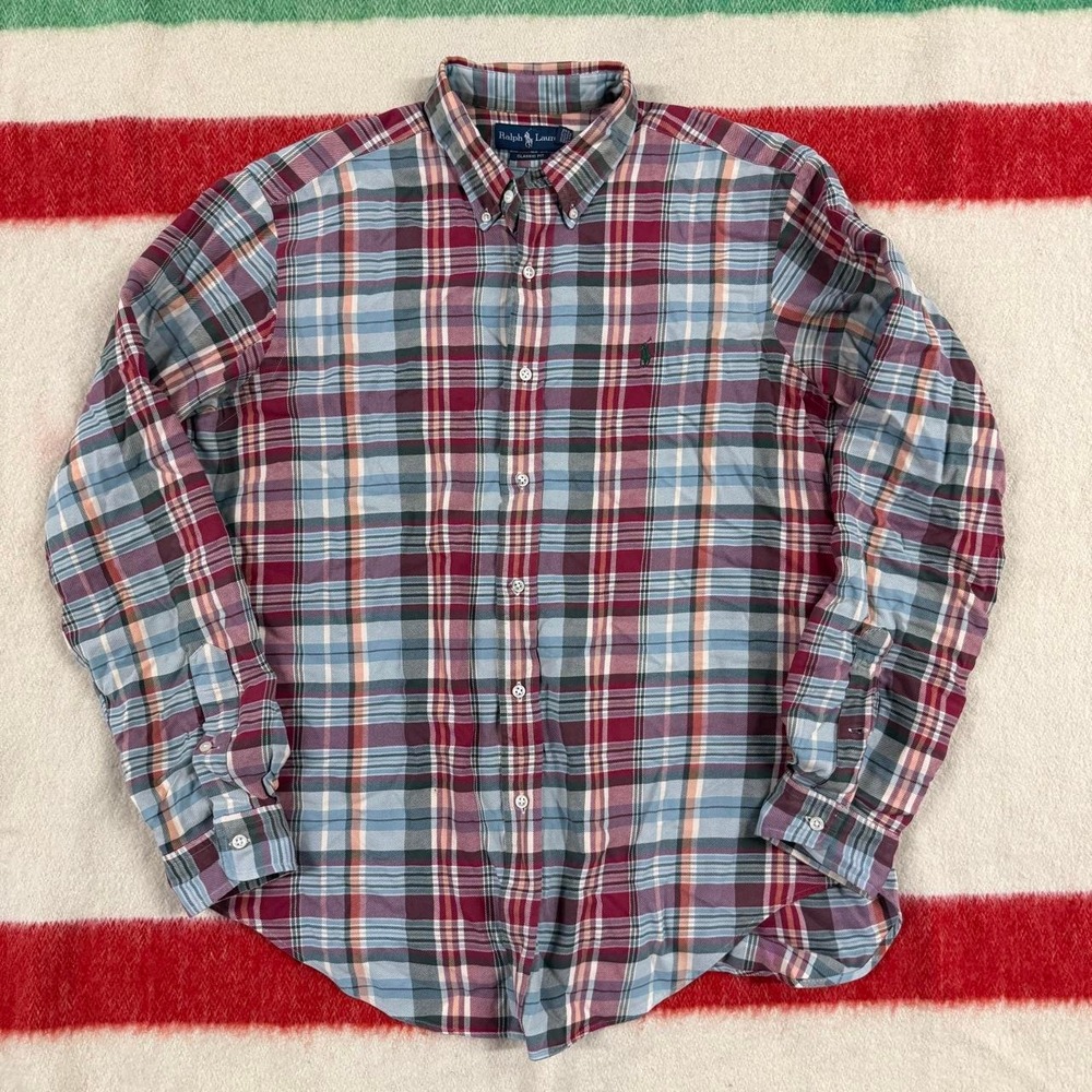 Vintage Ralph Lauren Flannel Shirt Mens Large Plaid Classic Fit Missing Button